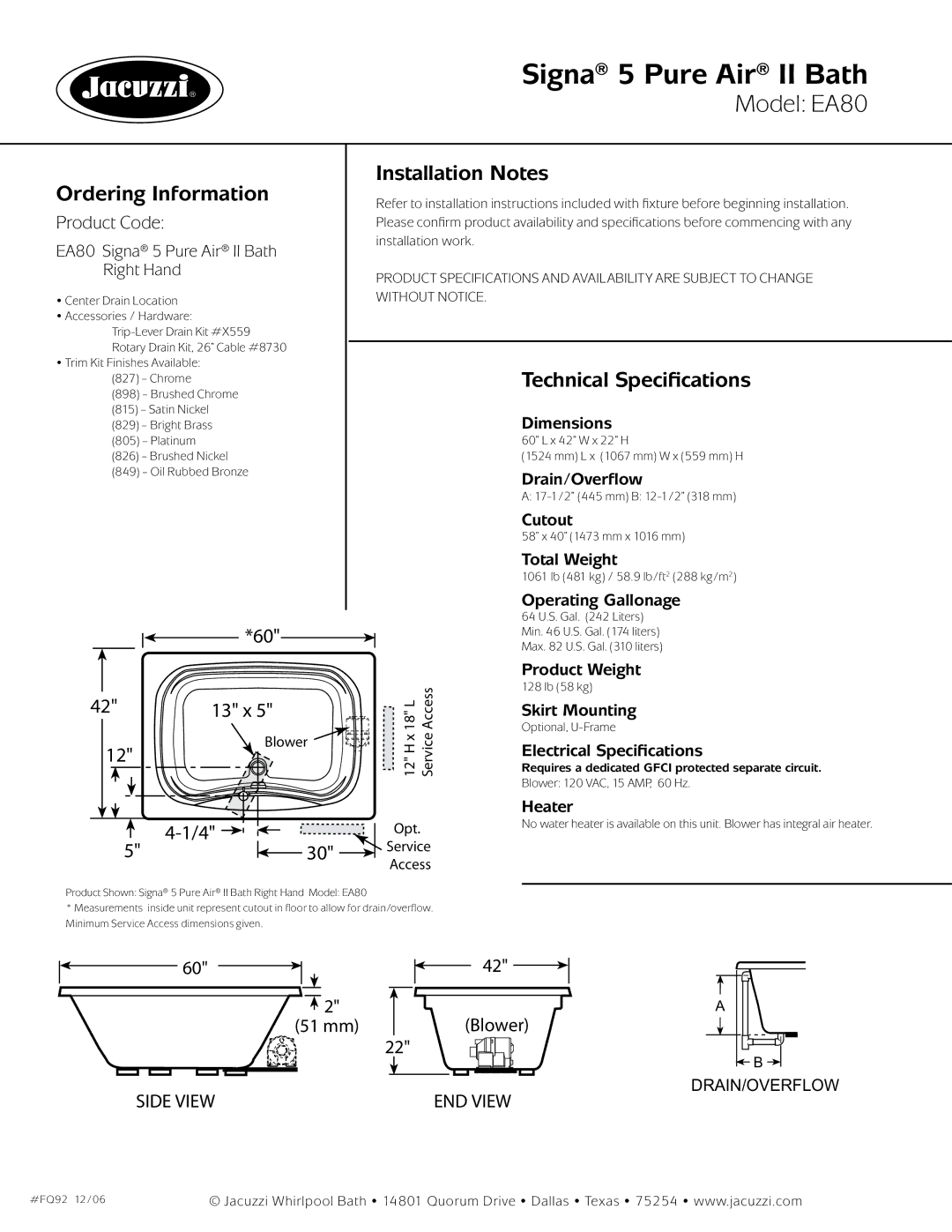 Jacuzzi EA80 dimensions Ordering Information, Installation Notes, Technical Specifications 