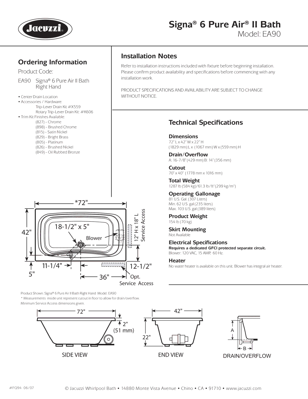 Jacuzzi EA90 dimensions Ordering Information, Installation Notes, Technical Speciﬁcations 