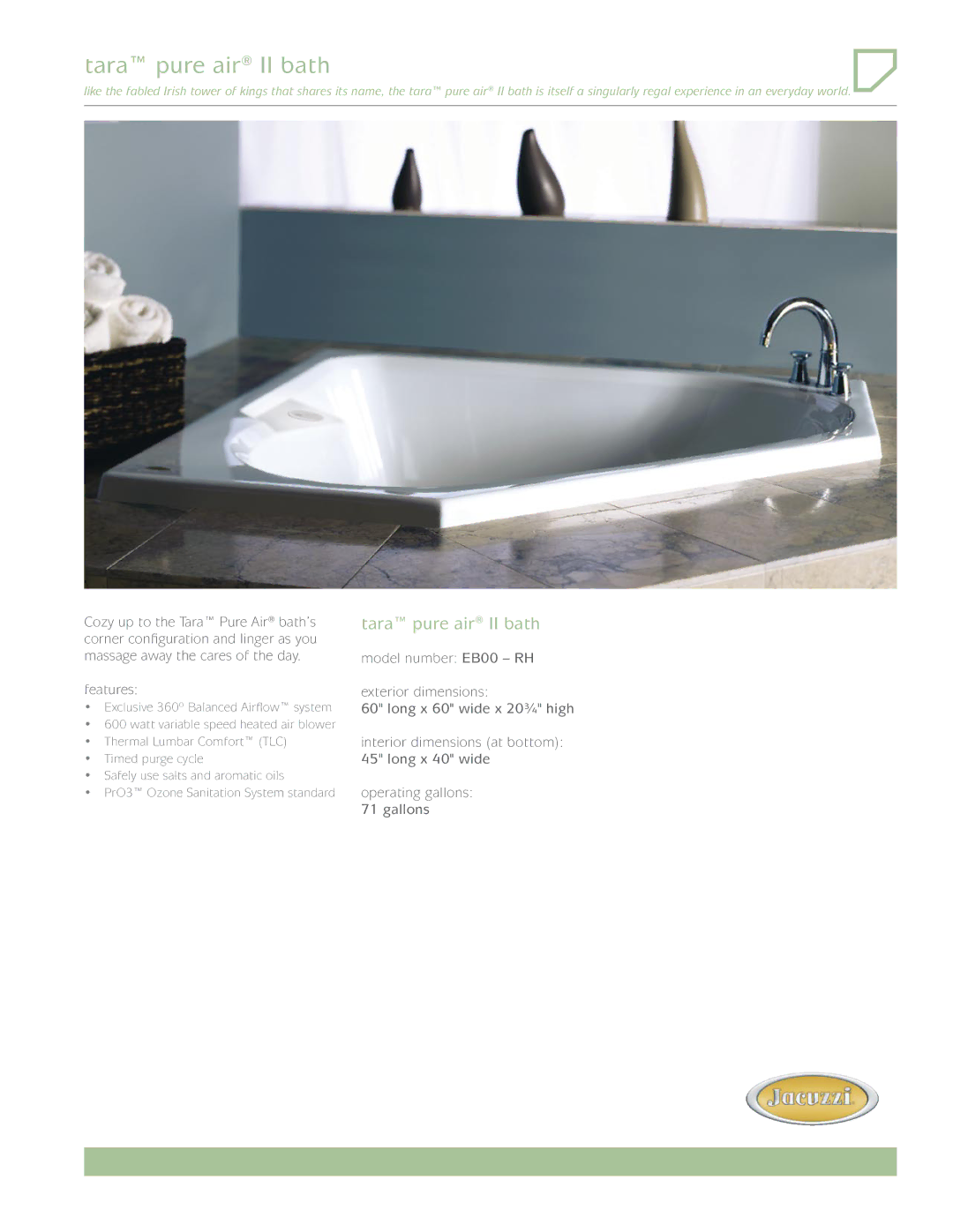 Jacuzzi EB00 dimensions Tara pure air II bath 