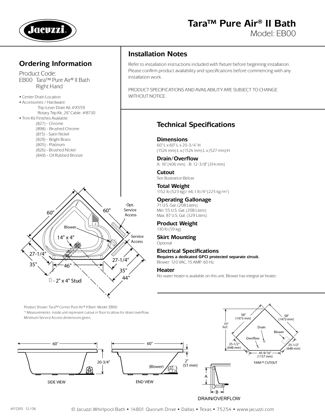 Jacuzzi EB00 dimensions Ordering Information, Installation Notes 