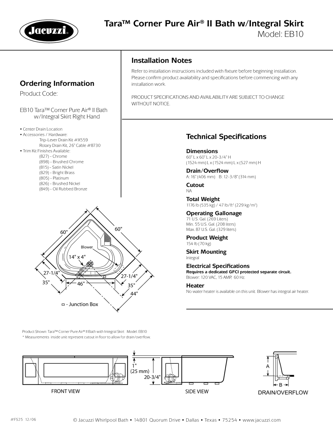 Jacuzzi EB10 dimensions Ordering Information, Installation Notes, Technical Specifications 