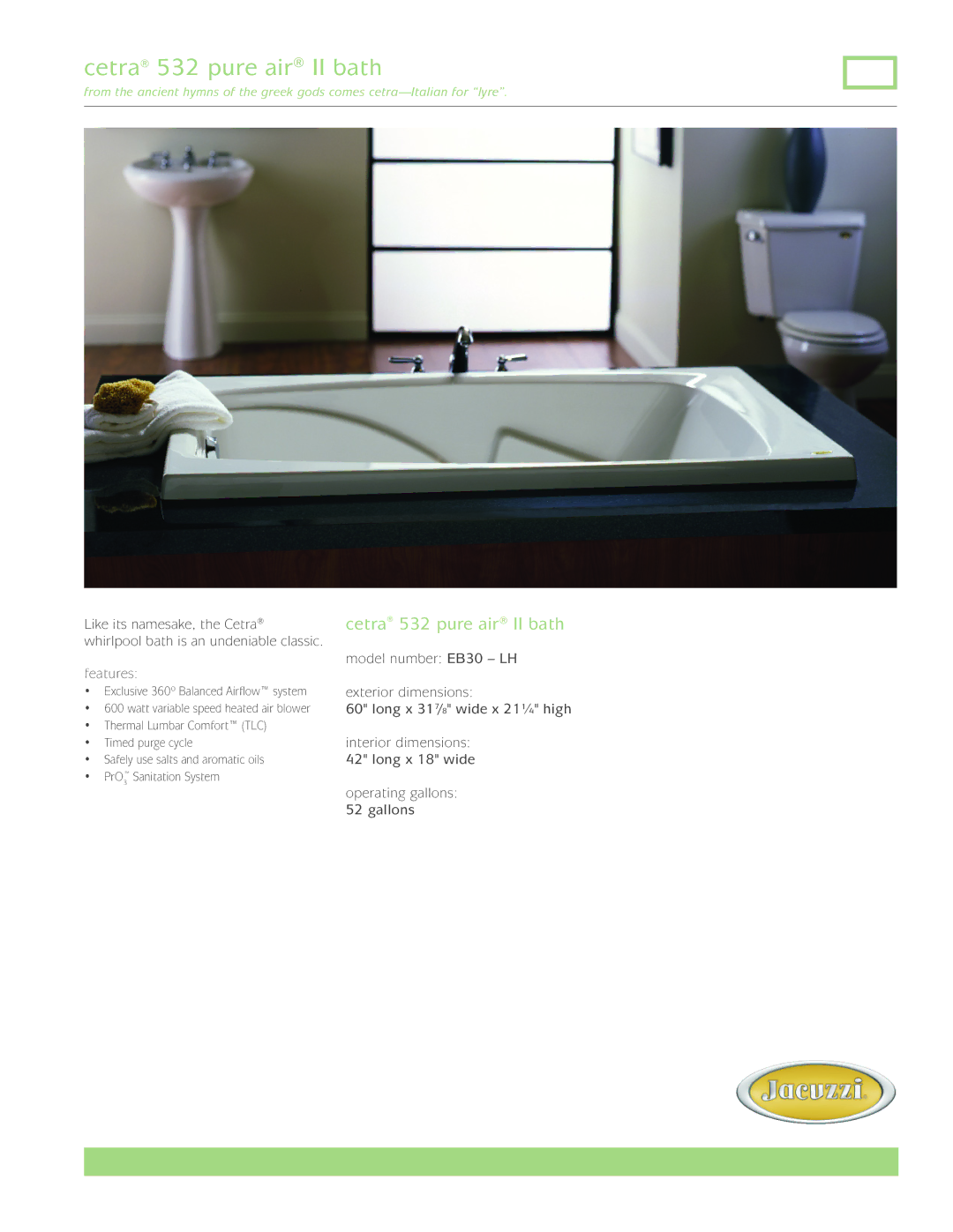 Jacuzzi EB30-LH dimensions Cetra 532 pure air II bath 