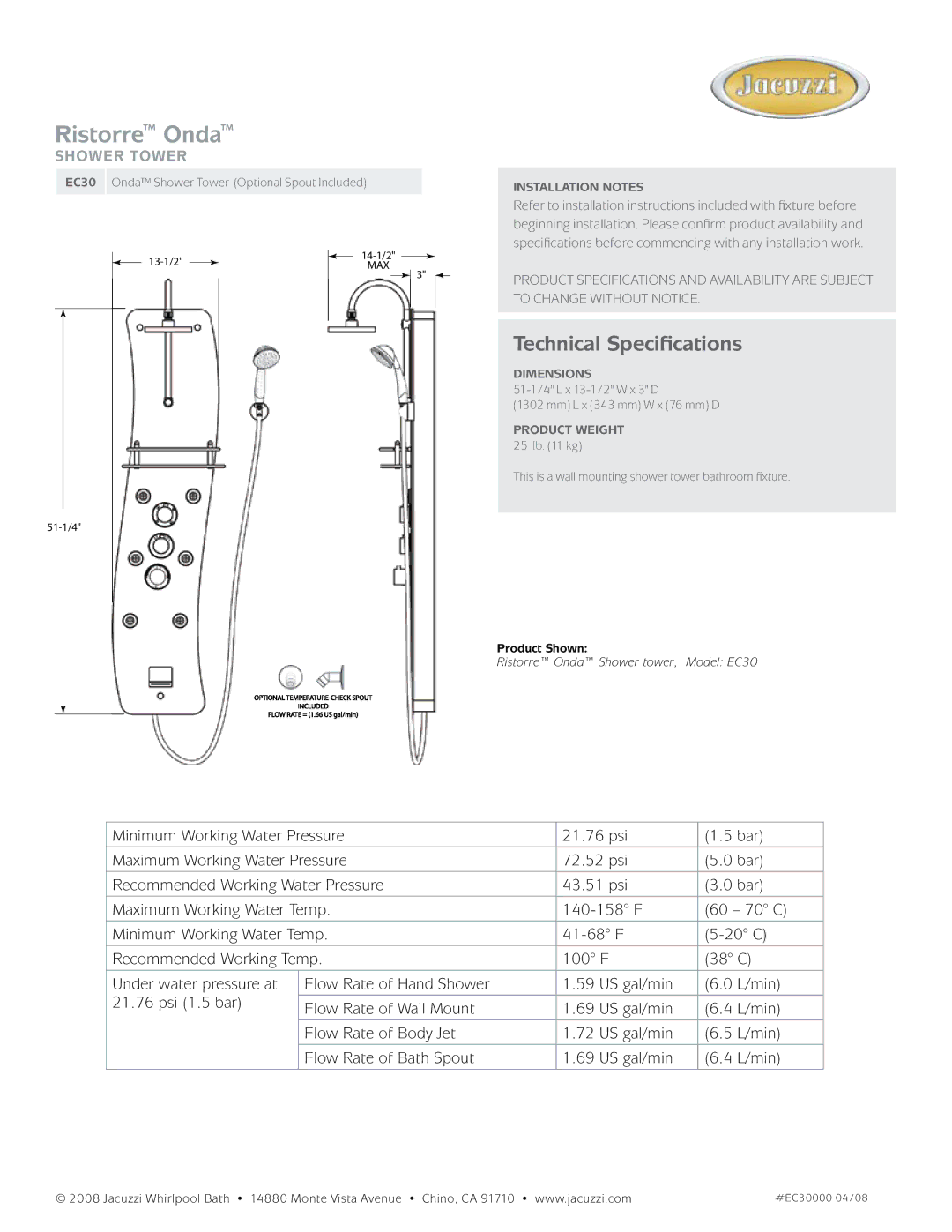 Jacuzzi EC30 manual Ristorre Onda, Technical Specifications, Shower tower 