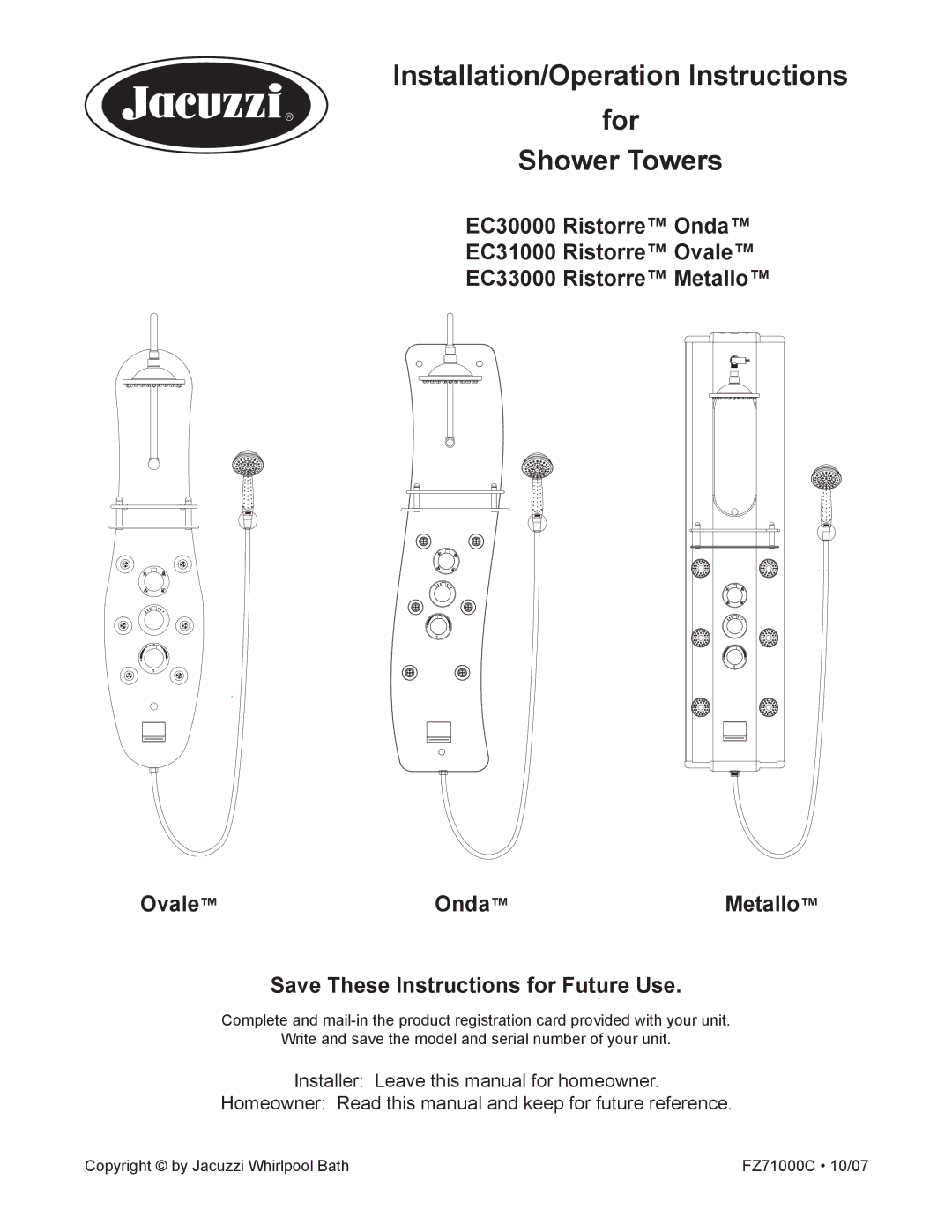 Jacuzzi EC30000 manual Installation/Operation Instructions For Shower Towers, Save These Instructions for Future Use 