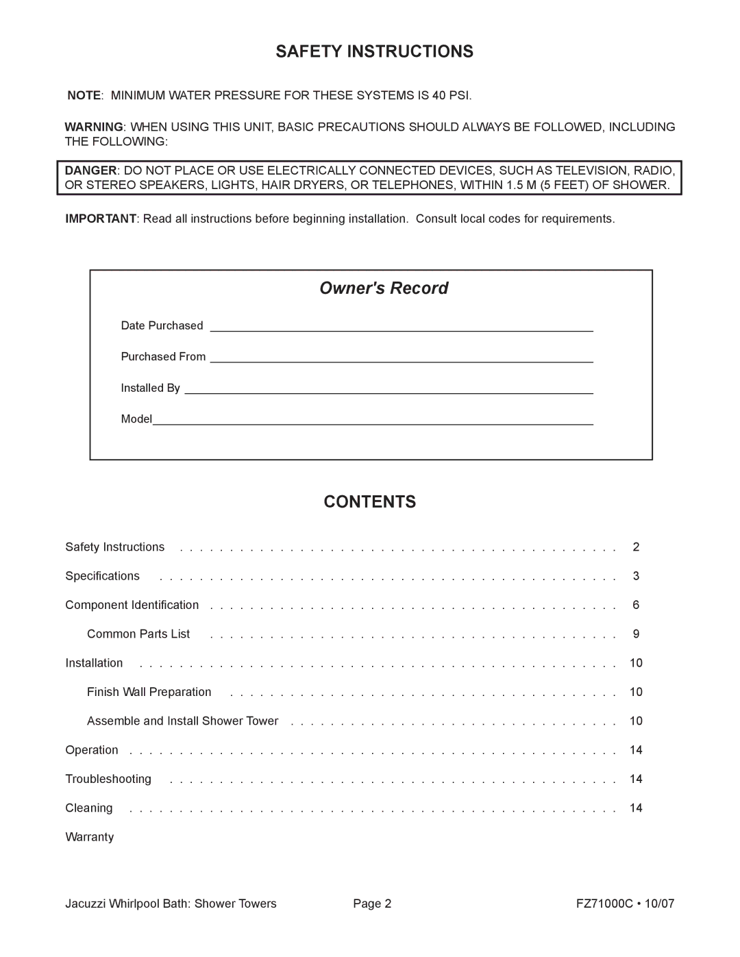 Jacuzzi EC33000, EC31000, EC30000 manual Owners Record 