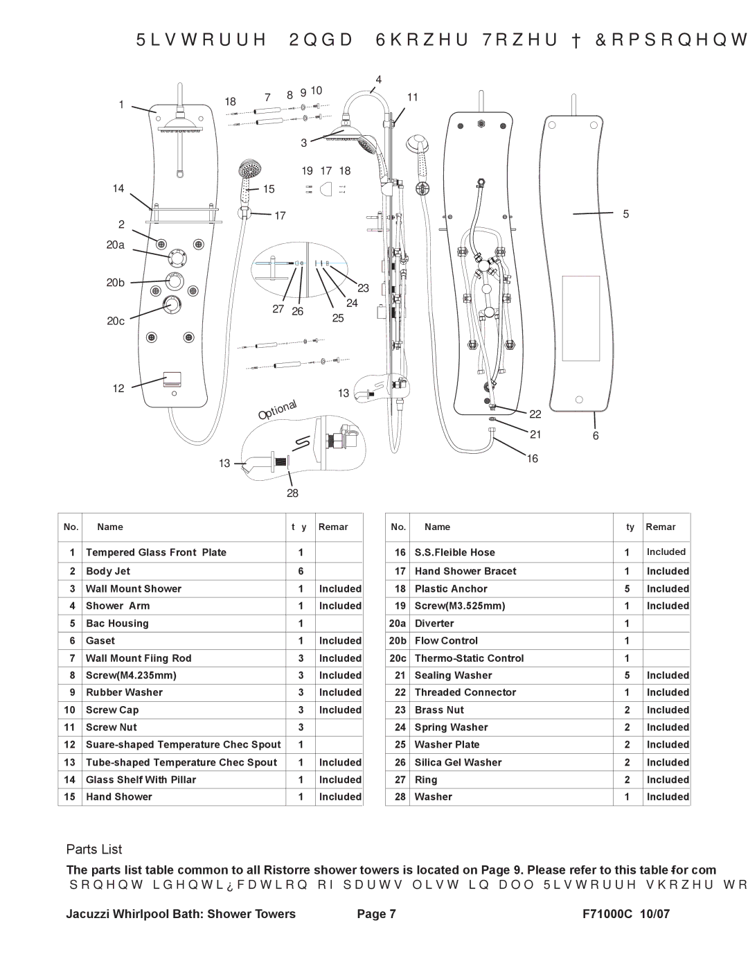 Jacuzzi EC30000, EC31000, EC33000 manual Ristorre Onda Shower Tower Component Identification, 20a 20b 20c 