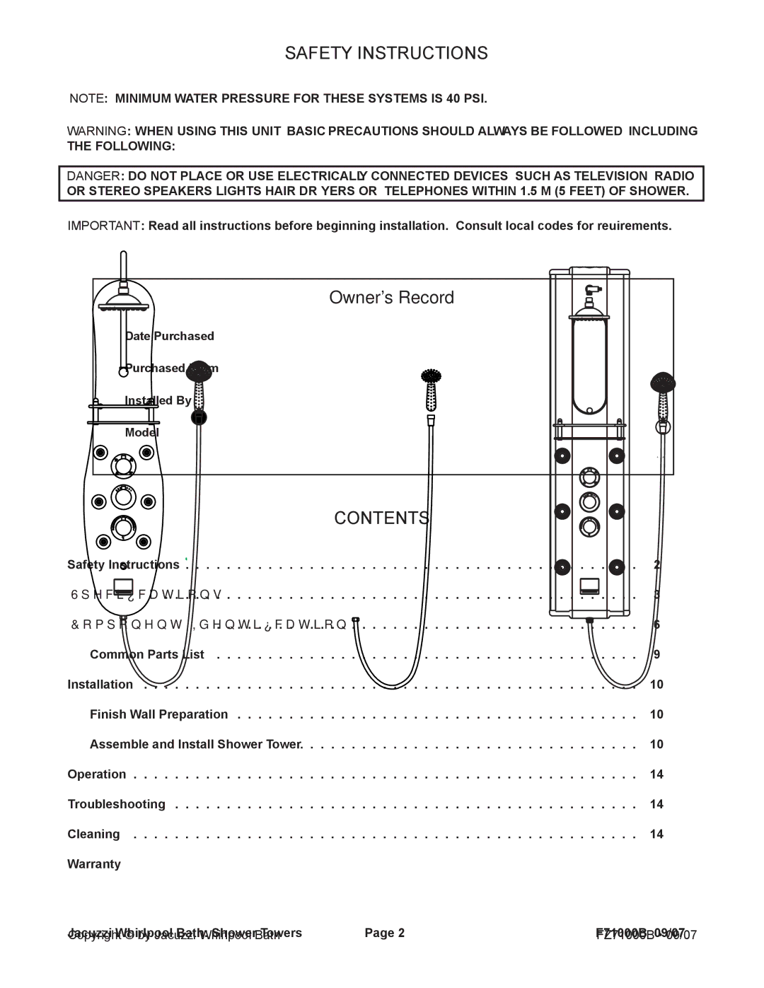 Jacuzzi EC33000, EC31000, EC30000 manual Owners Record 