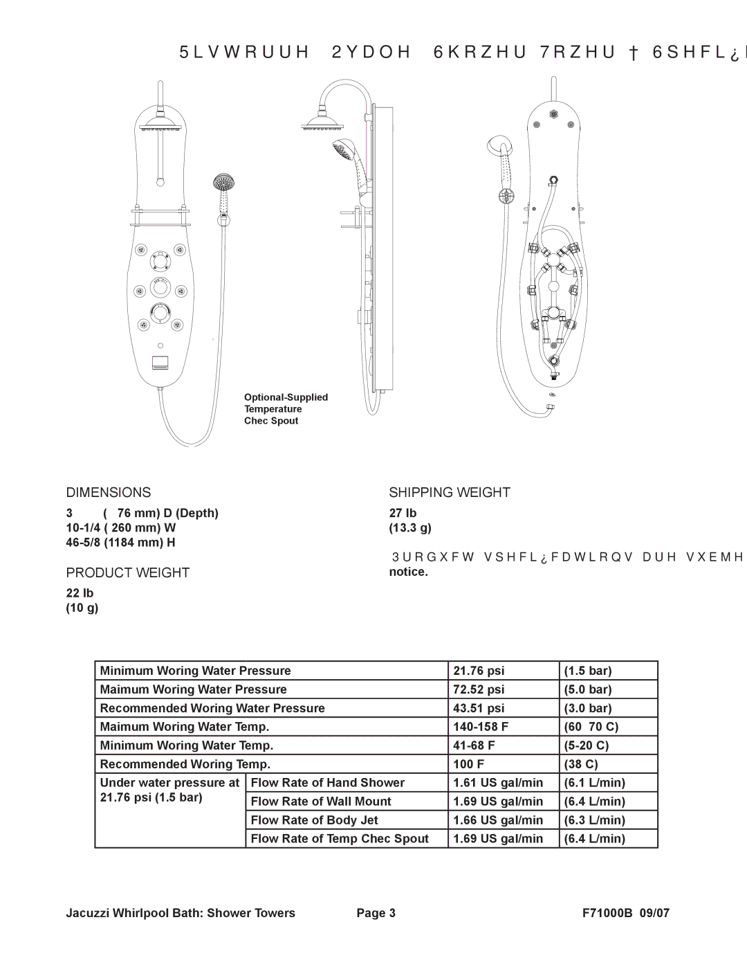 Jacuzzi EC31000, EC30000, EC33000 manual Ristorre Ovale Shower Tower Specifications, Dimensions Shipping Weight 