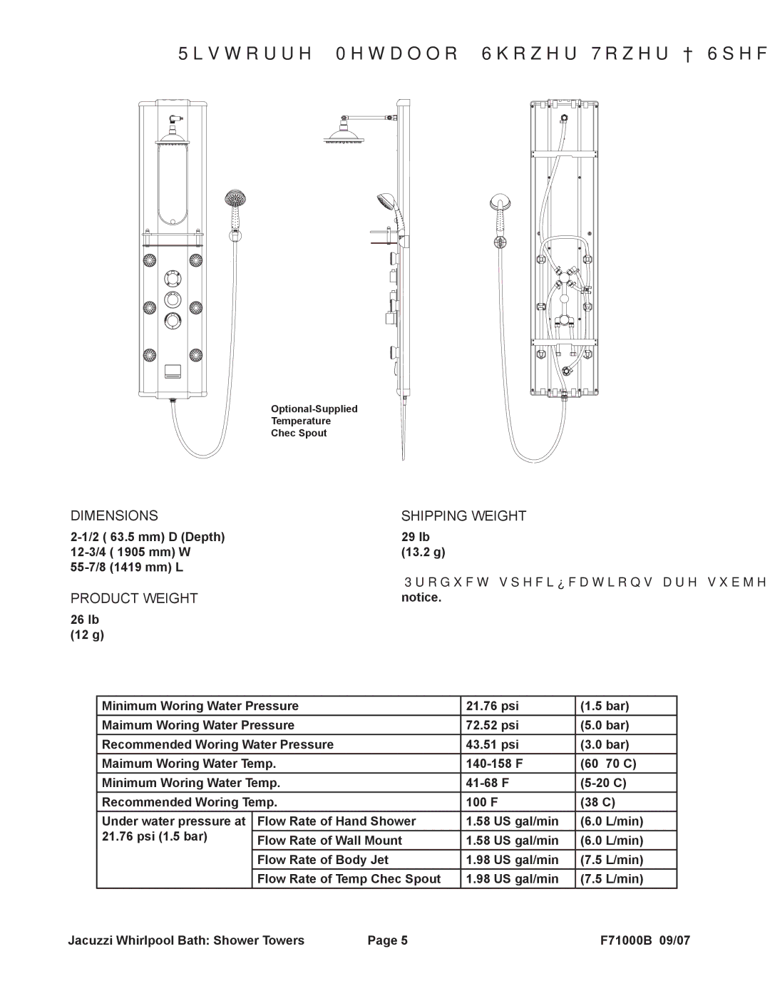 Jacuzzi EC33000, EC31000, EC30000 manual Ristorre Metallo Shower Tower Specifications 