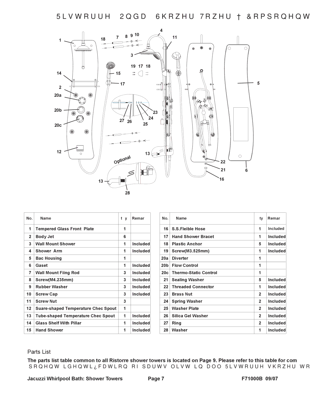 Jacuzzi EC30000, EC31000, EC33000 manual Ristorre Onda Shower Tower Component Identification, Front Side Back 