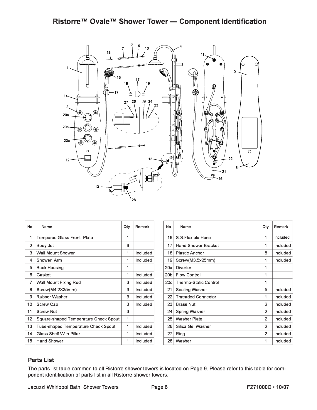 Jacuzzi EC31000, EC30000, EC33000 manual Parts List, Jacuzzi Whirlpool Bath Shower Towers, Page, FZ71000C 10/07 