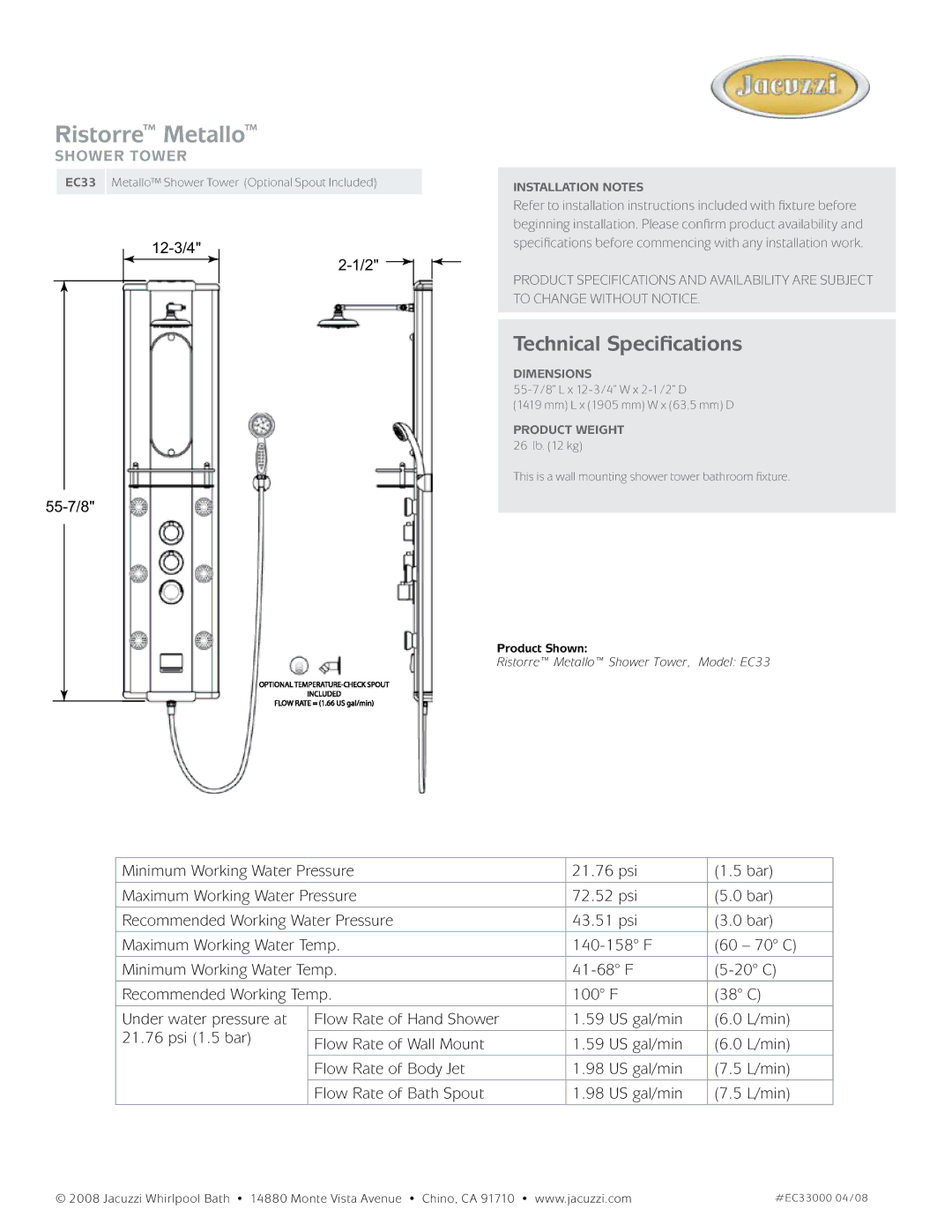 Jacuzzi EC33 manual Ristorre Metallo, Technical Specifications, Shower tower, 12-3/4 55-7/8 