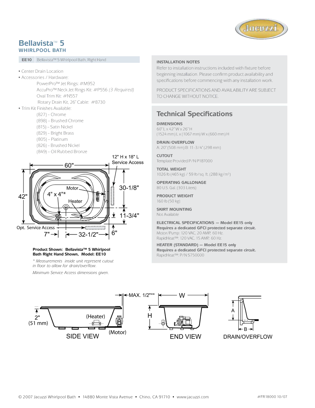 Jacuzzi EE10 Installation Notes, Dimensions, Drain/Overflow, Cutout, Total Weight, Operating Gallonage, Product Weight 