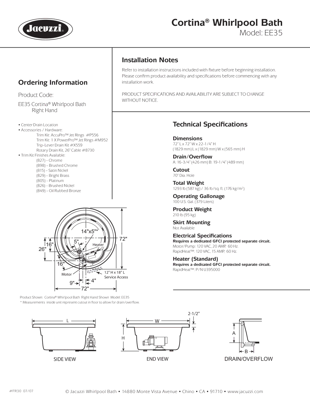 Jacuzzi EE35 dimensions Ordering Information, Installation Notes, Technical Speciﬁcations 