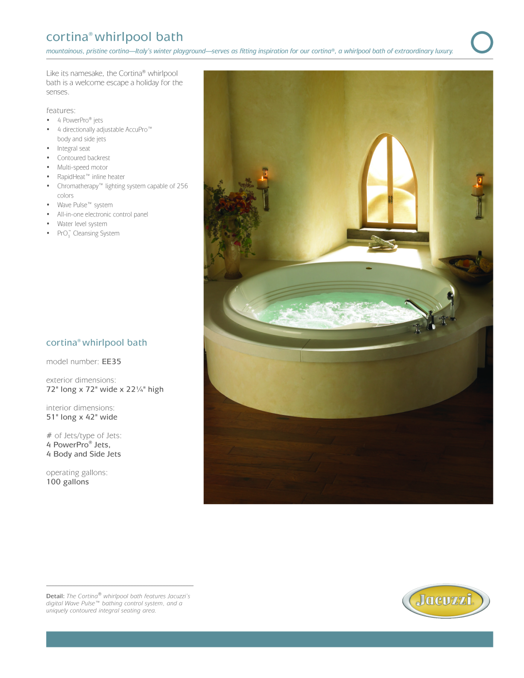Jacuzzi EE35 dimensions cortina whirlpool bath 