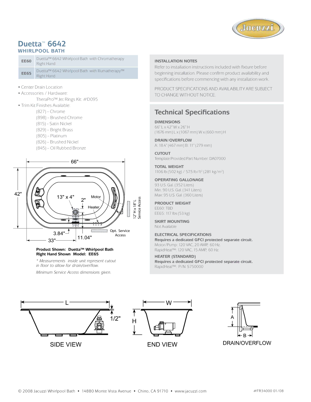 Jacuzzi EE60, EE65 manual Duetta, Technical Specifications, Whirlpool bath, 13 x, 11.04 