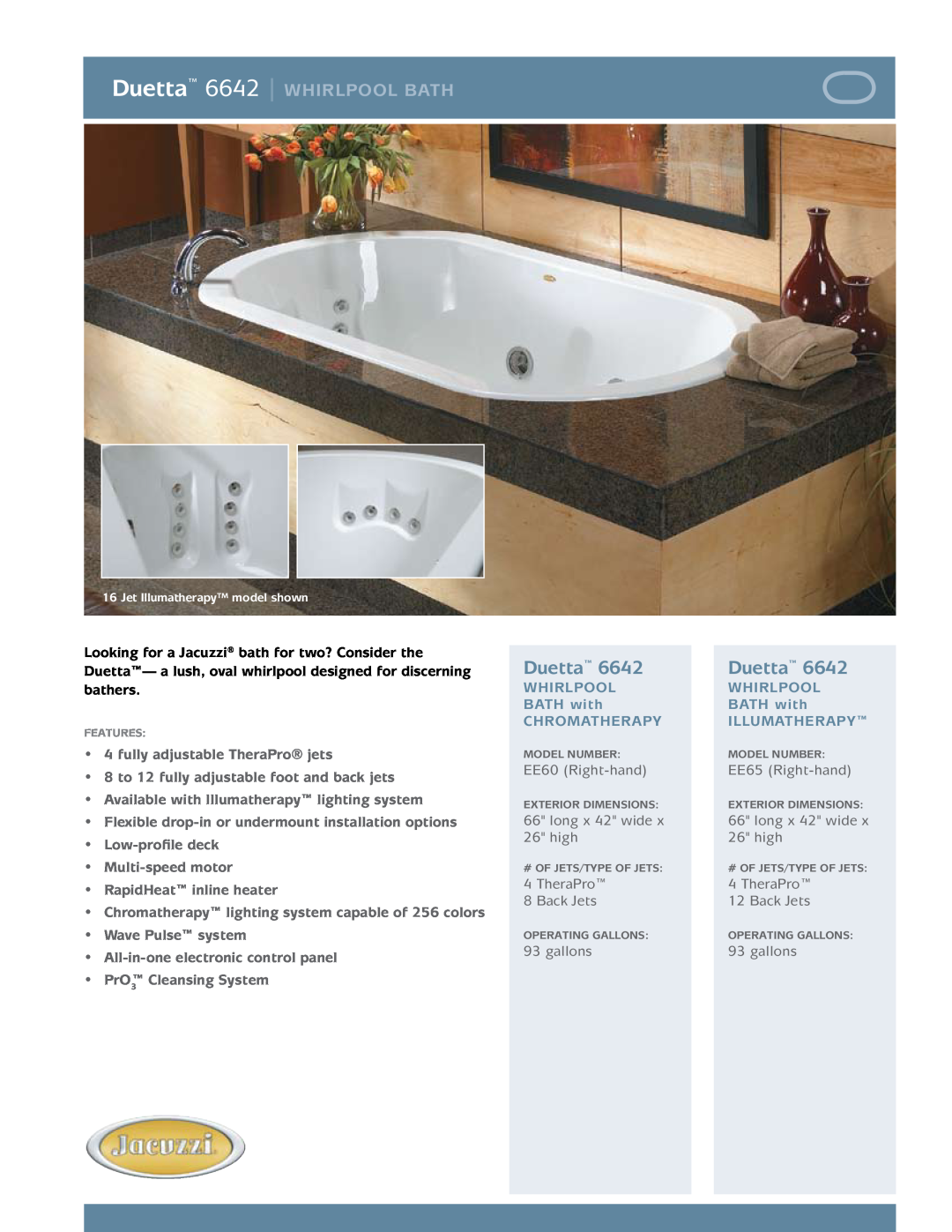 Jacuzzi EE65, EE60 manual Duetta 6642 whirlpool bath, bath with, chromatherapy, illumatherapy 