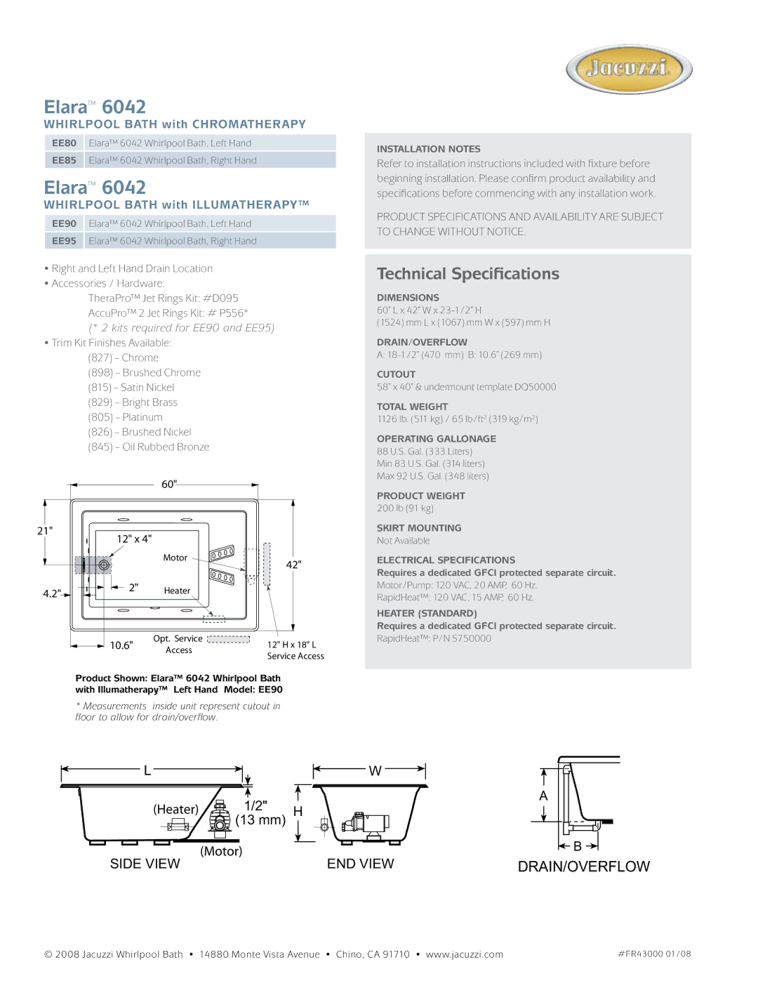 Jacuzzi EE80 Elara, Technical Specifications, Whirlpool bath with chromatherapy, Whirlpool bath with illumatherapy, 12 x 