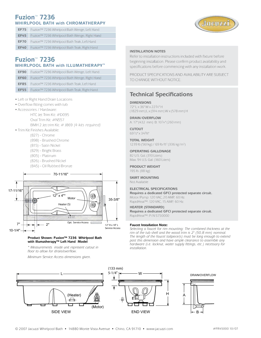 Jacuzzi EF75, EF90 Fuzion, Technical Specifications, Whirlpool Bath with chromatherapy, Whirlpool Bath with illumatherapy 