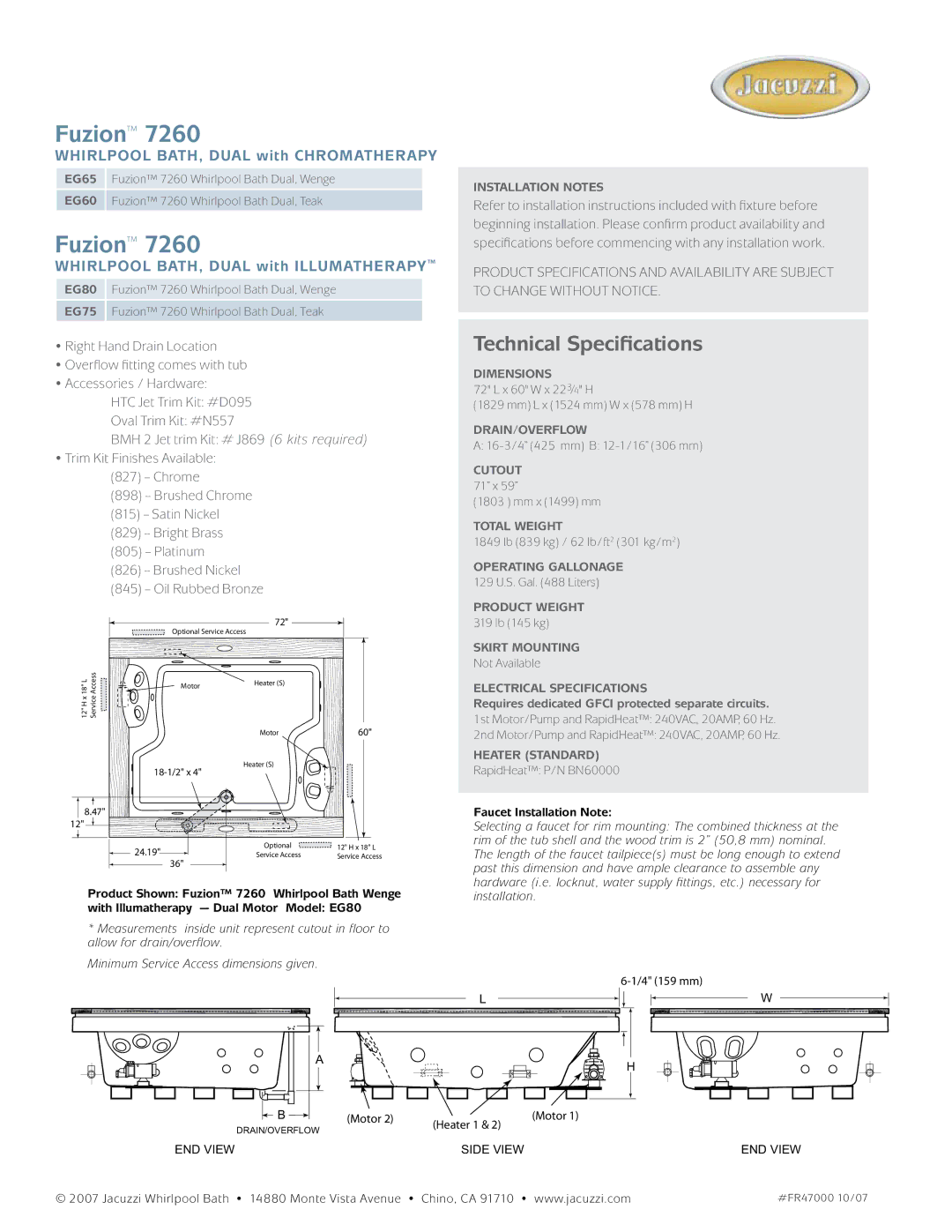 Jacuzzi EG80 EG65, EG60, EG75, Installation Notes, Dimensions, Drain/Overflow, Cutout 71 x, Total Weight, Product Weight 