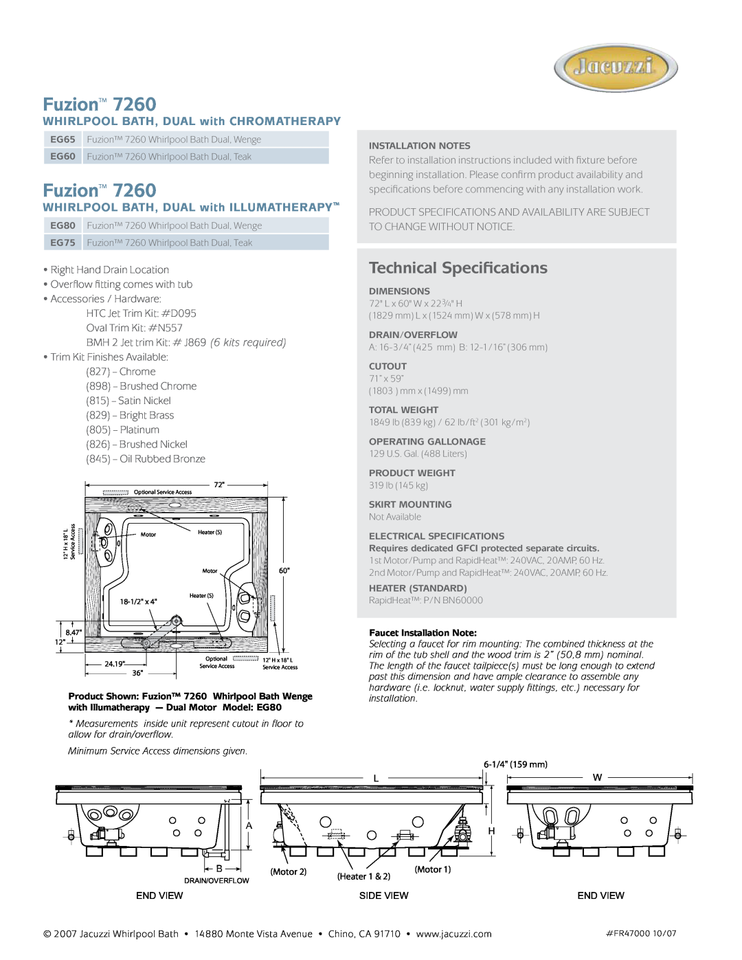 Jacuzzi EG80, EG65, EG75, EG60 dimensions Fuzion, Technical Specifications, Whirlpool Bath, DUAL with chromatherapy 
