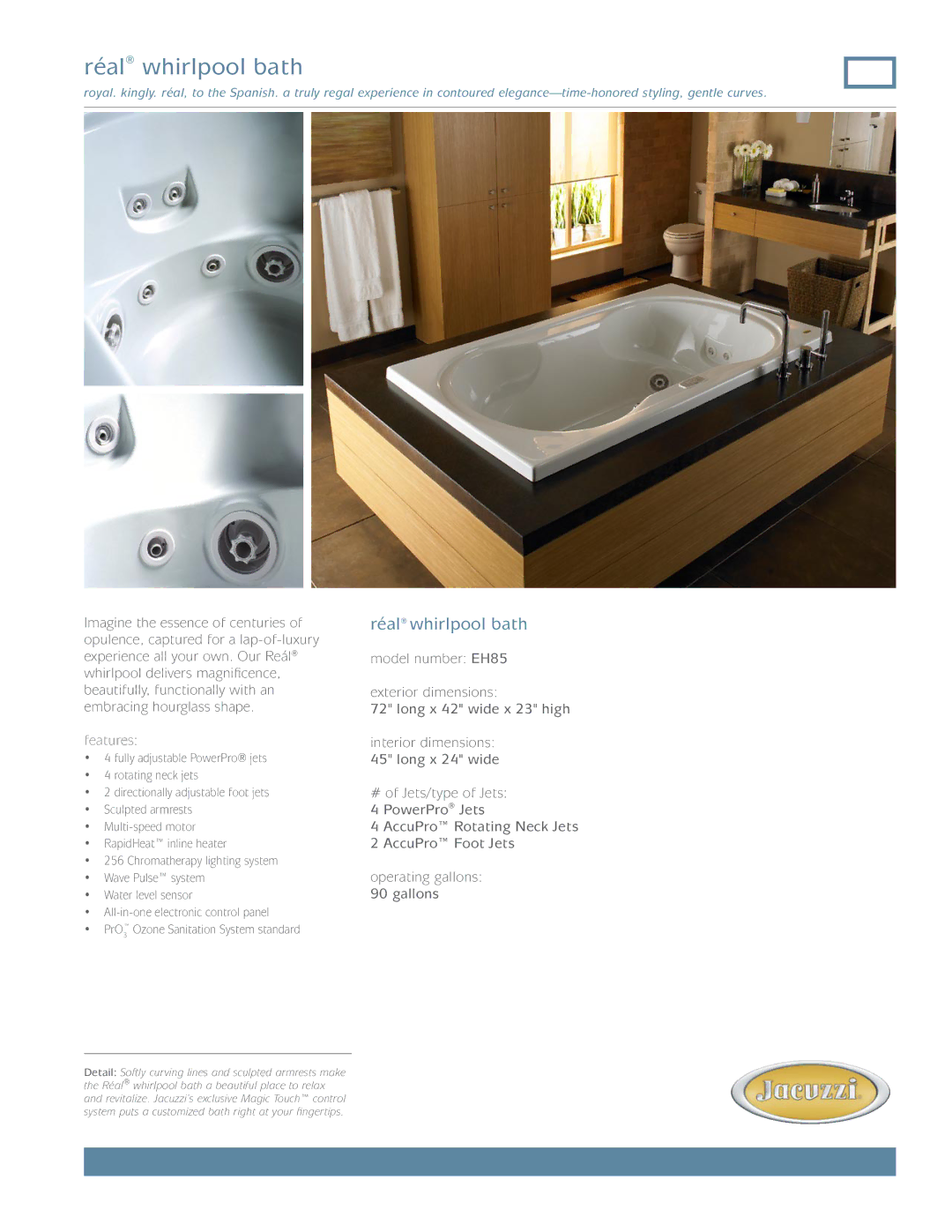 Jacuzzi EH85 dimensions Réal whirlpool bath 