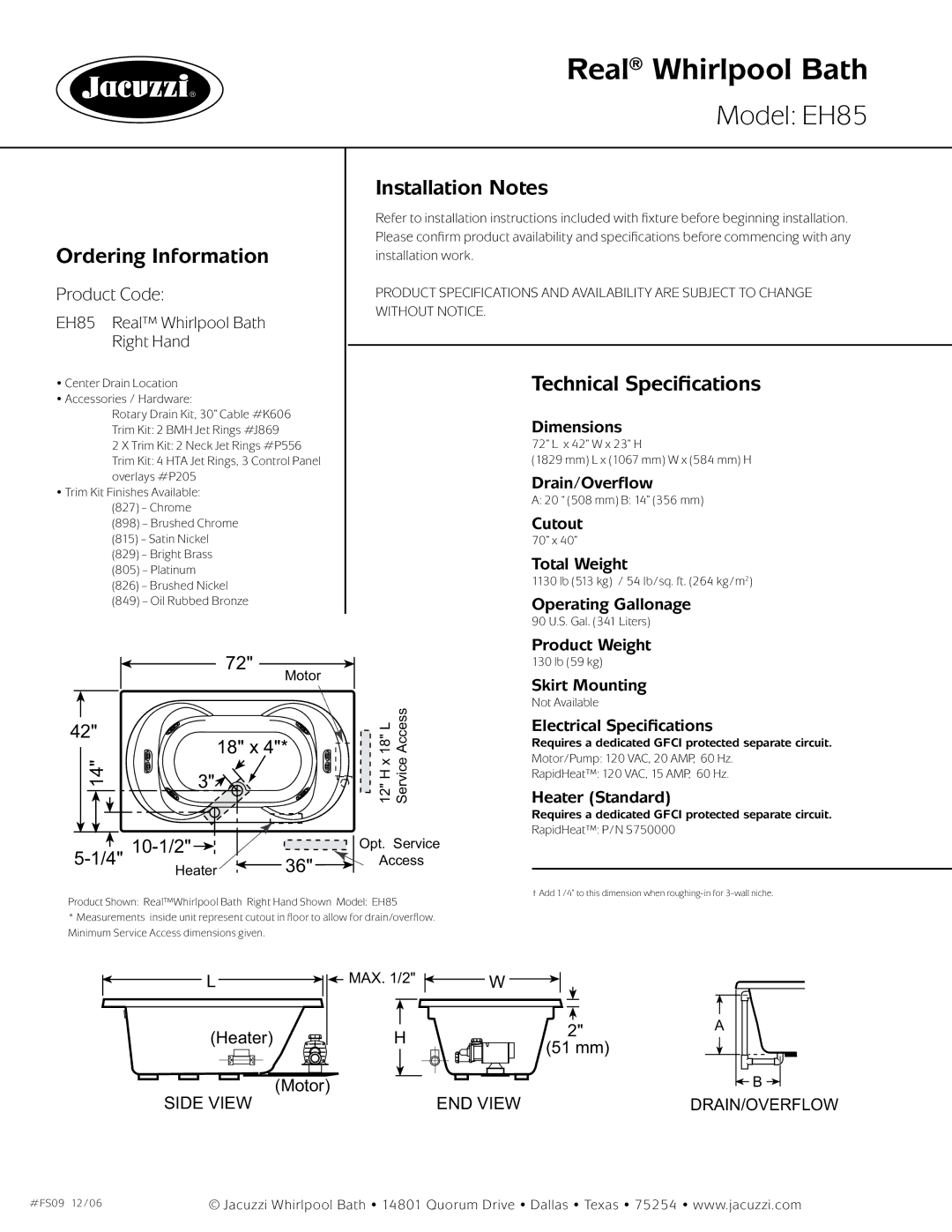 Jacuzzi EH85 dimensions Ordering Information, Installation Notes, Technical Specifications 