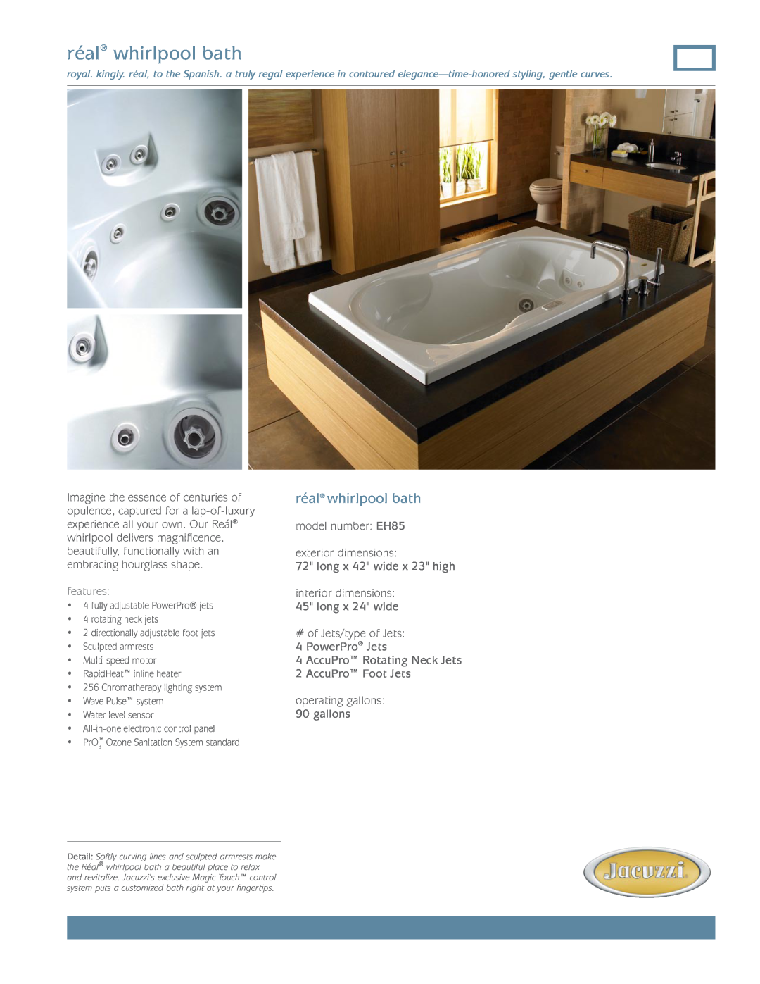 Jacuzzi EH85 dimensions réal whirlpool bath, features 