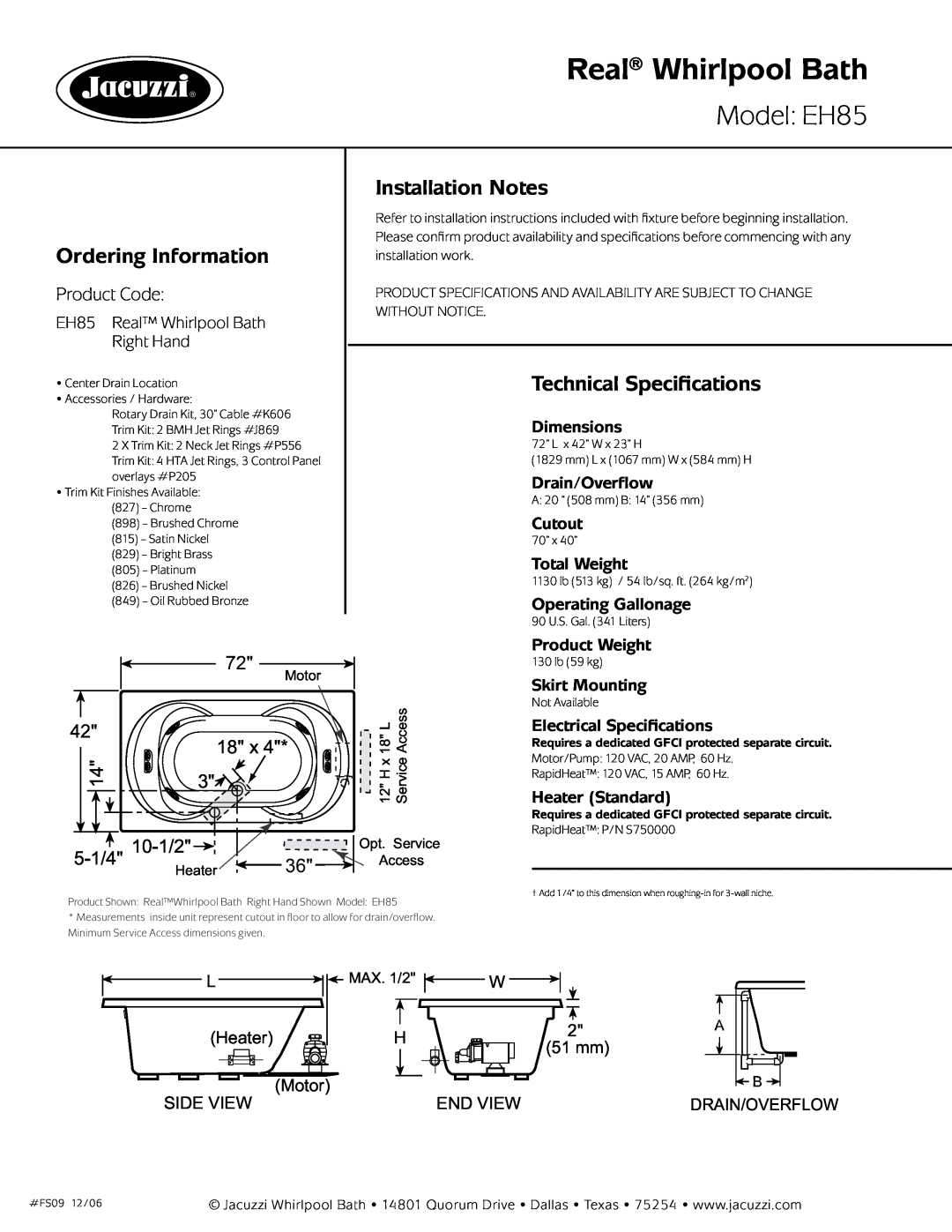 Jacuzzi Real Whirlpool Bath, Model EH85, Ordering Information, Installation Notes, Technical Specifications, Dimensions 