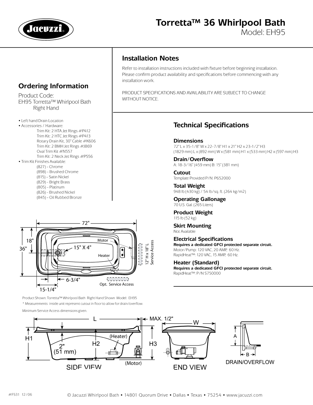 Jacuzzi EH95 dimensions Ordering Information, Installation Notes, Technical Specifications 