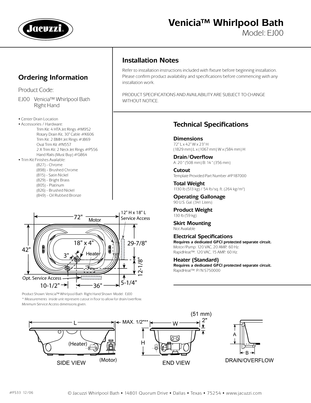 Jacuzzi Venicia Whirlpool Bath, Model EJ00, Ordering Information, Installation Notes, Technical Specifications 