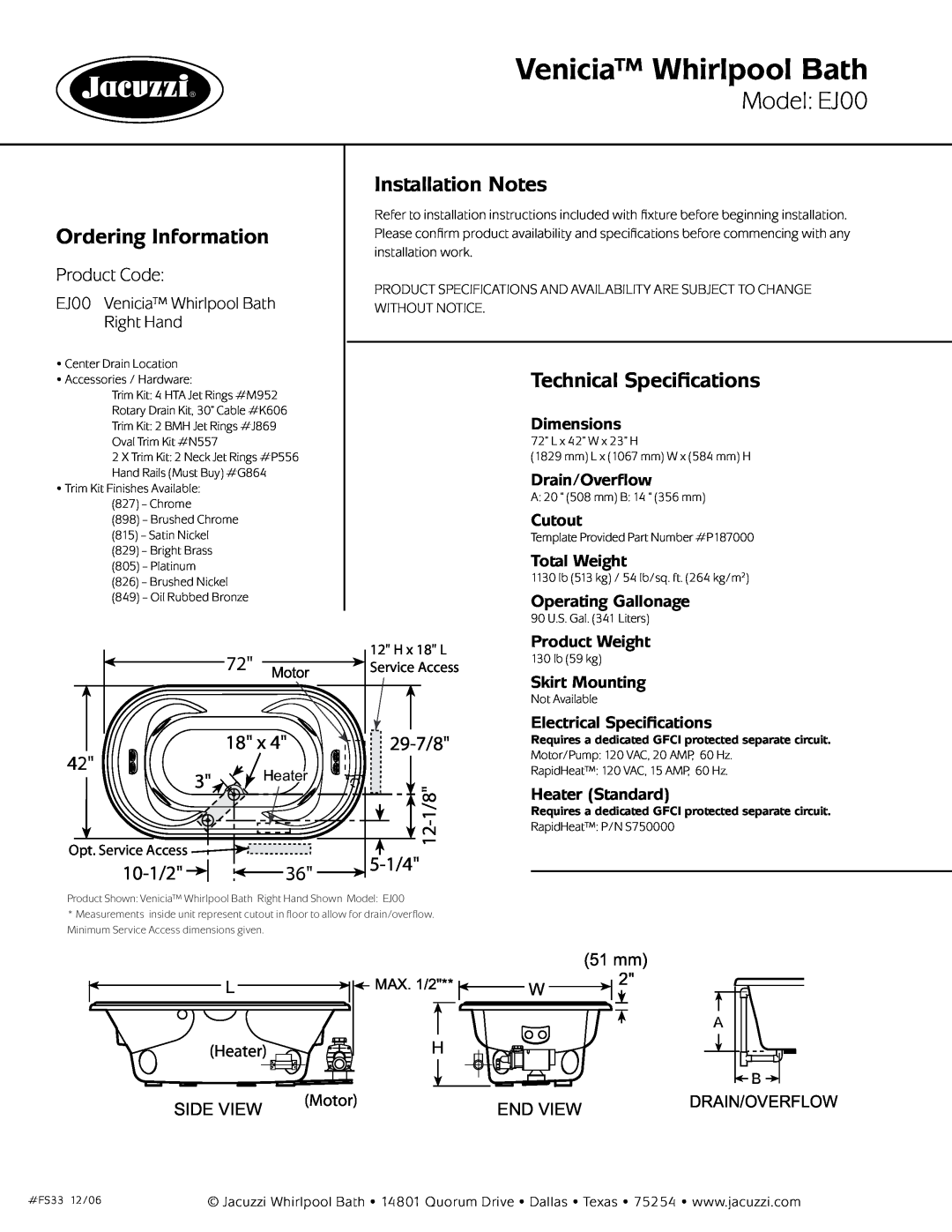 Jacuzzi Venicia Whirlpool Bath, Model EJ00, Ordering Information, Installation Notes, Technical Specifications, 29-7/8 