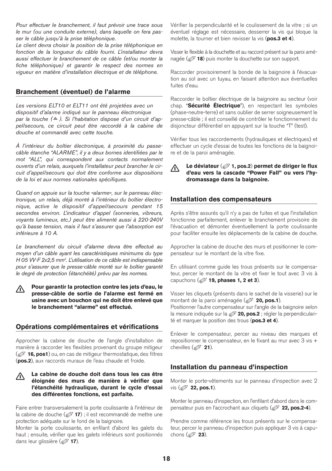 Jacuzzi ELT 10 installation manual Branchement éventuel de l’alarme, Opérations complémentaires et vérifications 