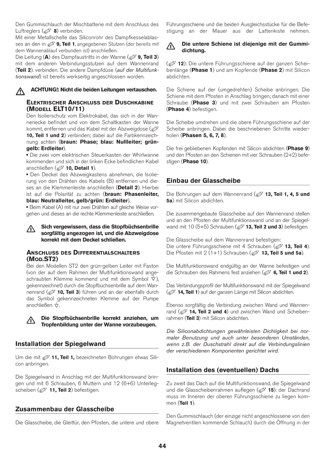 Jacuzzi ELT 10 installation manual Installation der Spiegelwand, Zusammenbau der Glasscheibe, Einbau der Glasscheibe 