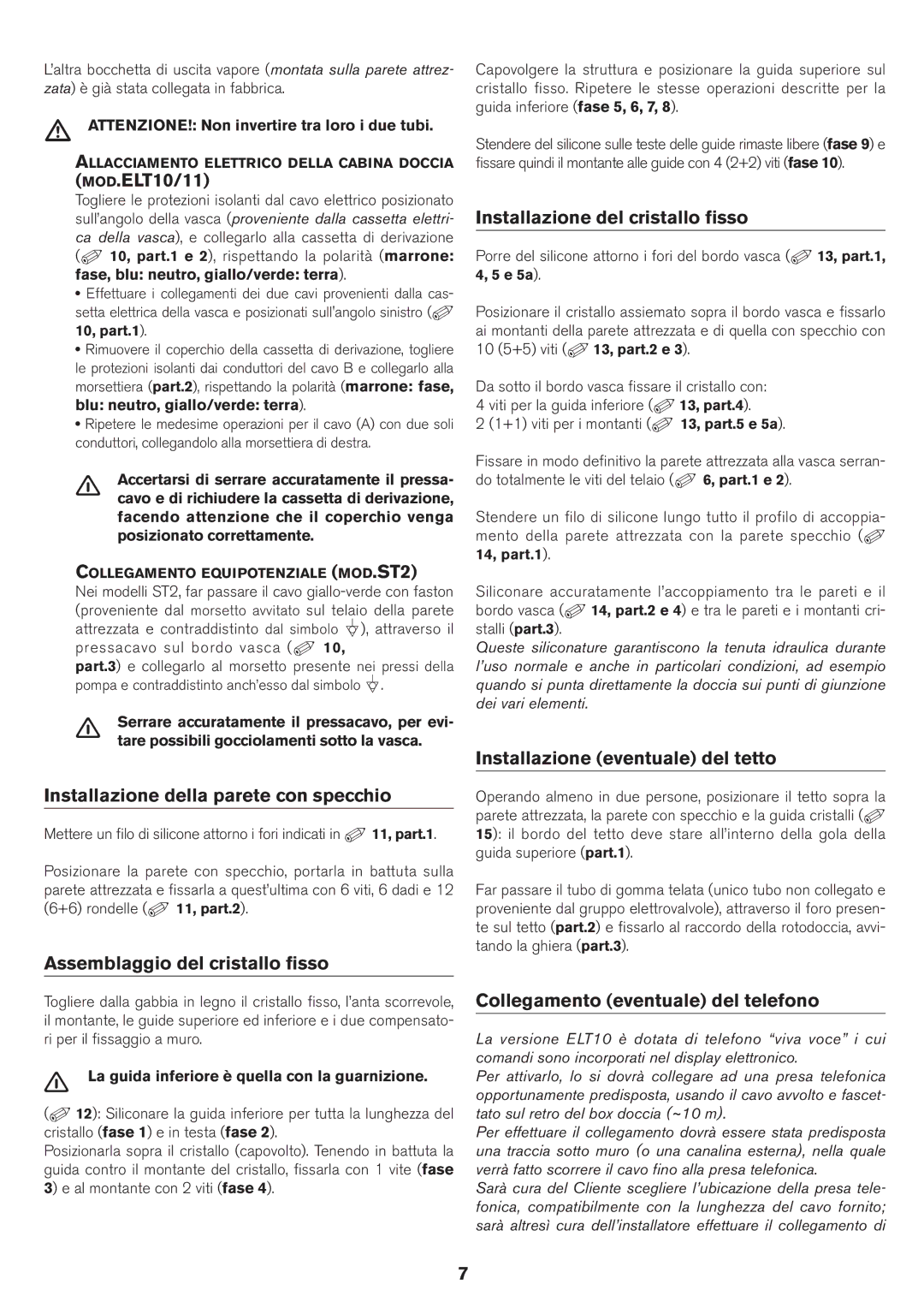 Jacuzzi ELT 10 installation manual MOD.ELT10/11, Installazione della parete con specchio, Assemblaggio del cristallo fisso 