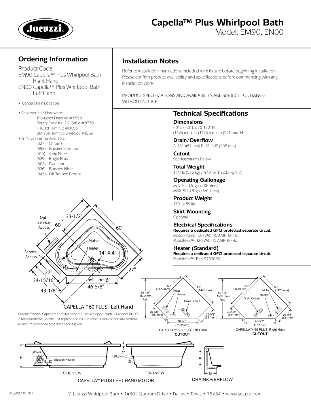 Jacuzzi EM90 dimensions Ordering Information, Installation Notes, Technical Specifications 