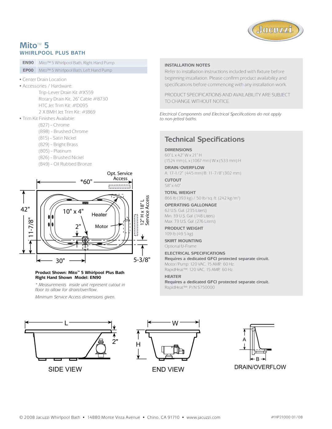 Jacuzzi EP00, EN90 dimensions Opt. Service Access, Motor 