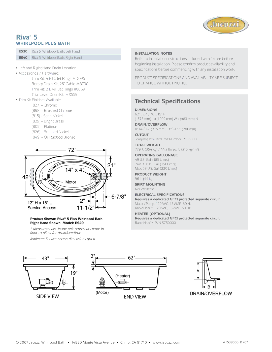 Jacuzzi ES40, ES30 dimensions 14 x, 11-1/2 