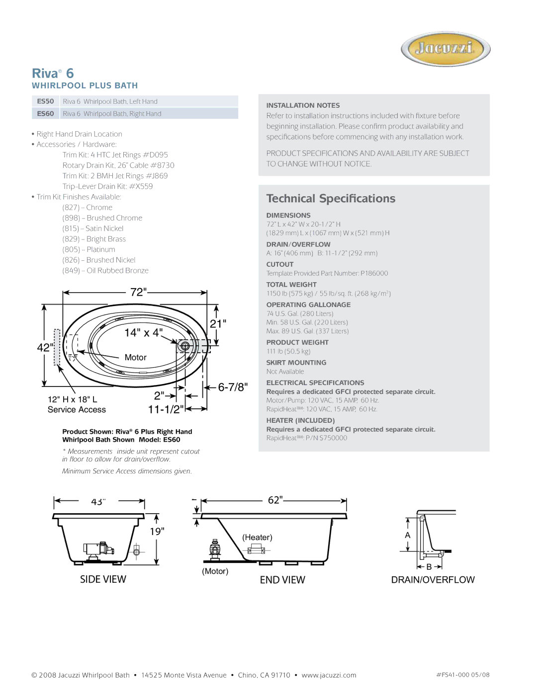 Jacuzzi ES50, ES60 dimensions 14 x, 11-1/2 