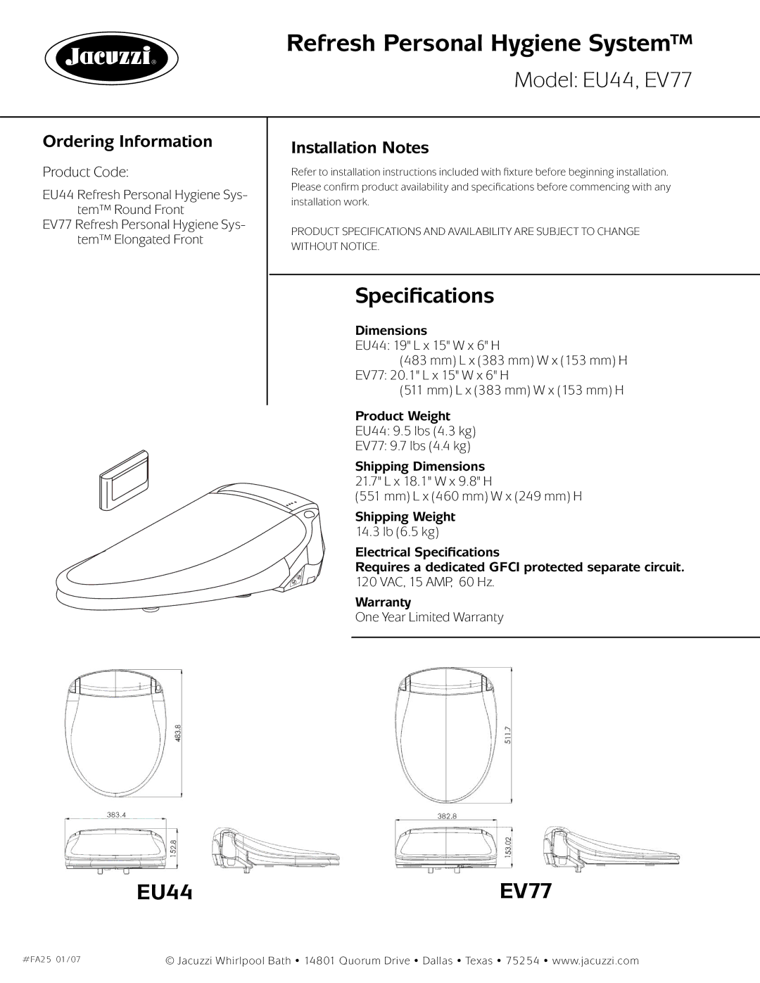 Jacuzzi dimensions Refresh Personal Hygiene System, Model EU44, EV77, Specifications, EU44 EV77 