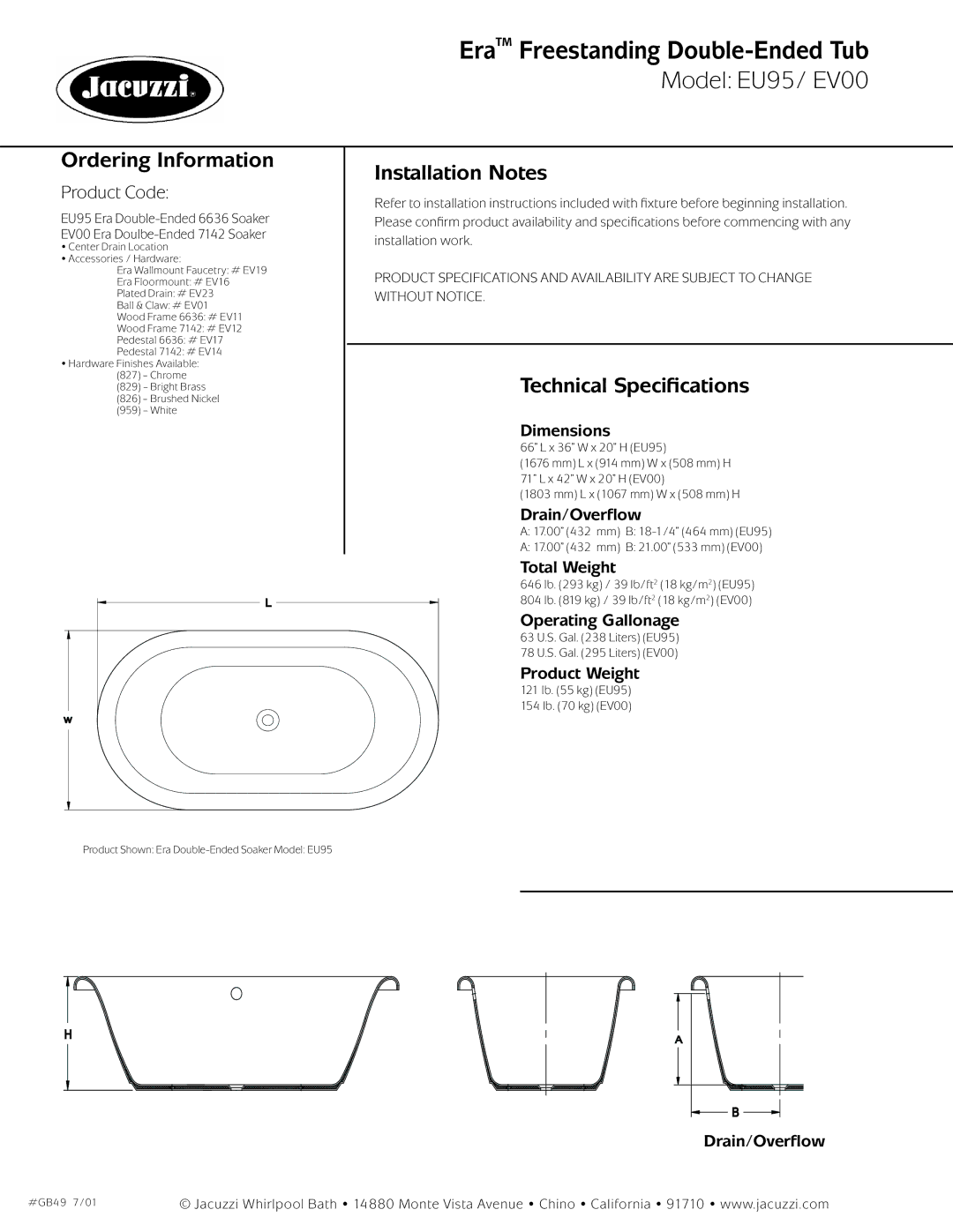 Jacuzzi EV00, EU95 dimensions Ordering Information, Installation Notes, Technical Specifications 