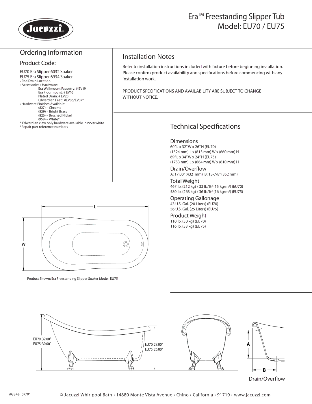 Jacuzzi EV23, EV16, EU75, EU70, EV19 dimensions Ordering Information, Installation Notes, Technical Specifications 