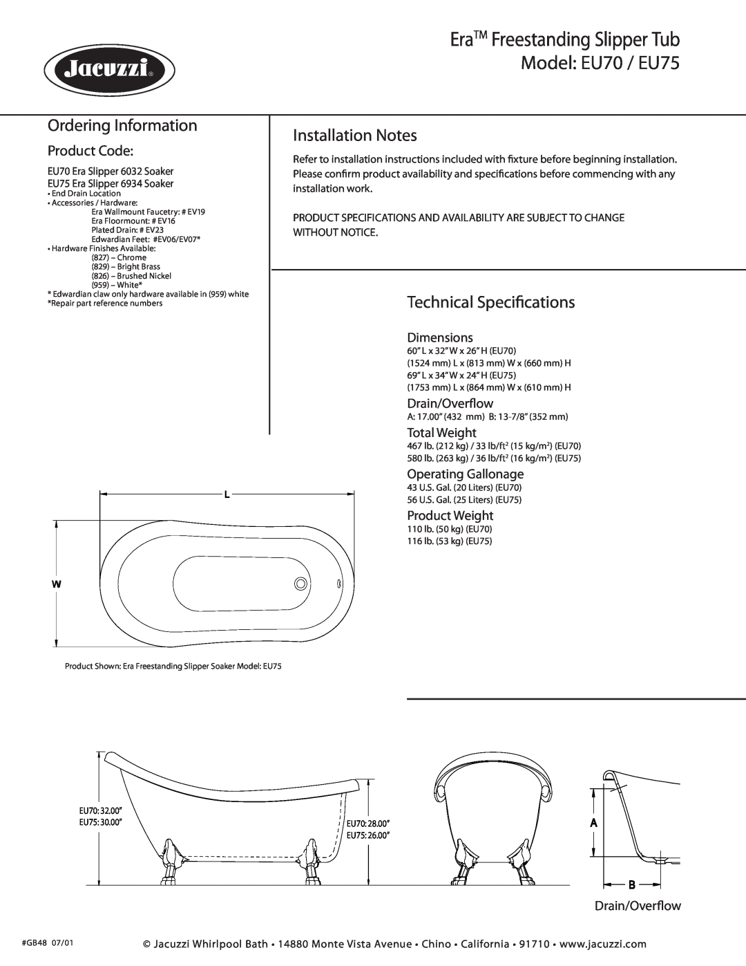 Jacuzzi EV23 EraTM Freestanding Slipper Tub, Model EU70 / EU75, Ordering Information, Installation Notes, Product Code 