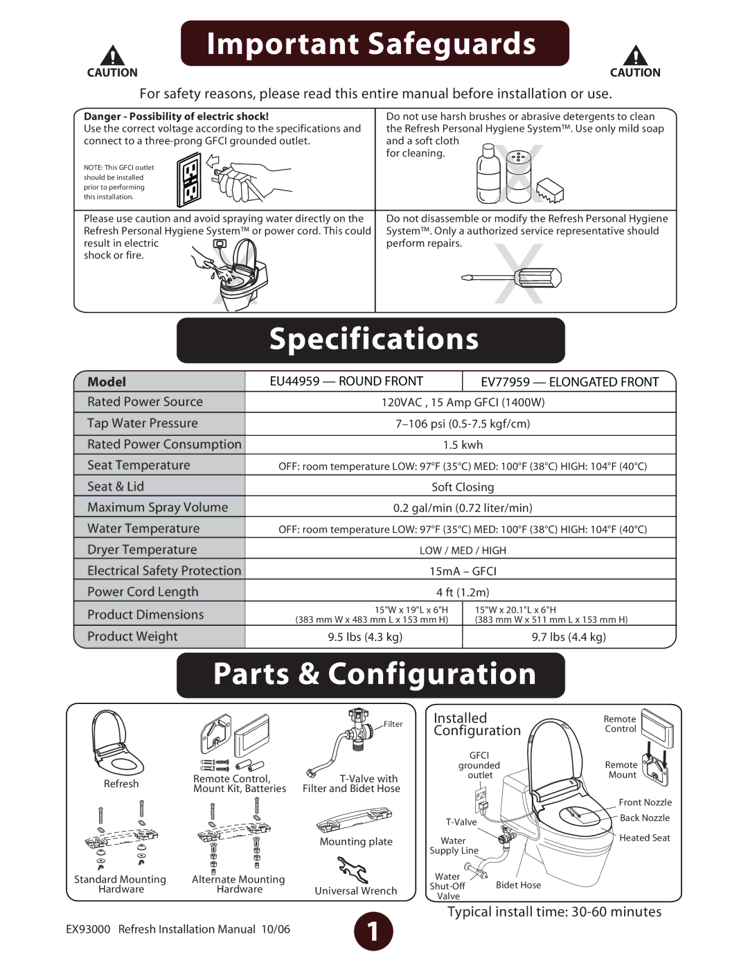 Jacuzzi EV77959 owner manual Important Safeguards, Specifications, Parts & Configuration, Installed 