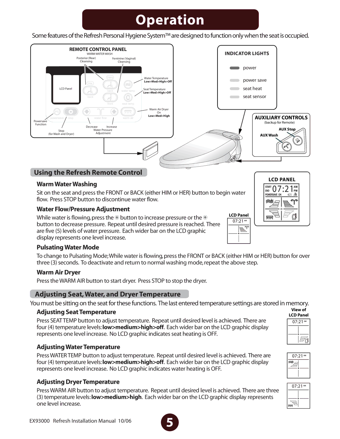 Jacuzzi EV77959 owner manual Operation, Using the Refresh Remote Control, Adjusting Seat, Water, and Dryer Temperature 