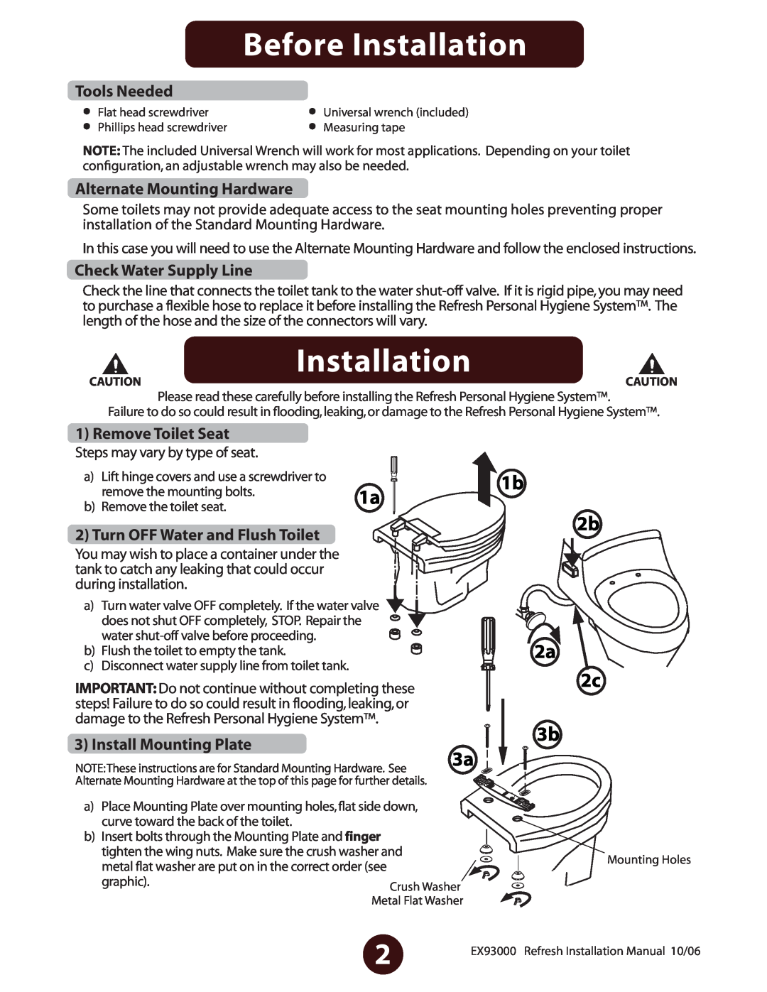 Jacuzzi EV77959 Before Installation, 1b 2b 2a 2c 3b 3a, Tools Needed, Alternate Mounting Hardware, Check Water Supply Line 