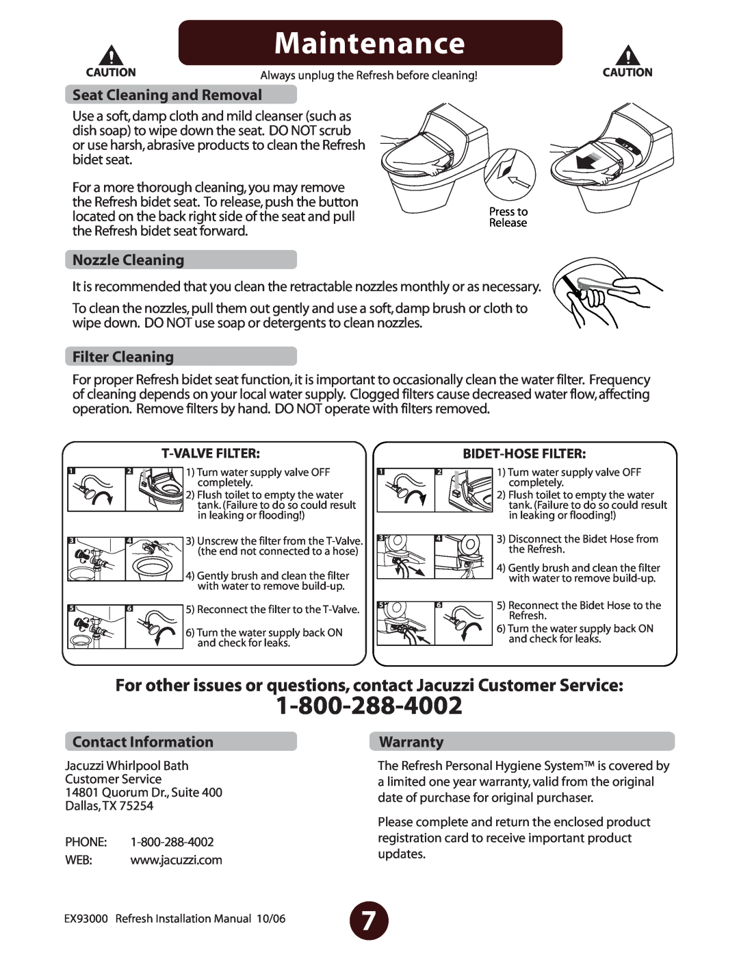 Jacuzzi EV77959 Maintenance, Seat Cleaning and Removal, Nozzle Cleaning, Filter Cleaning, Contact Information, Warranty 