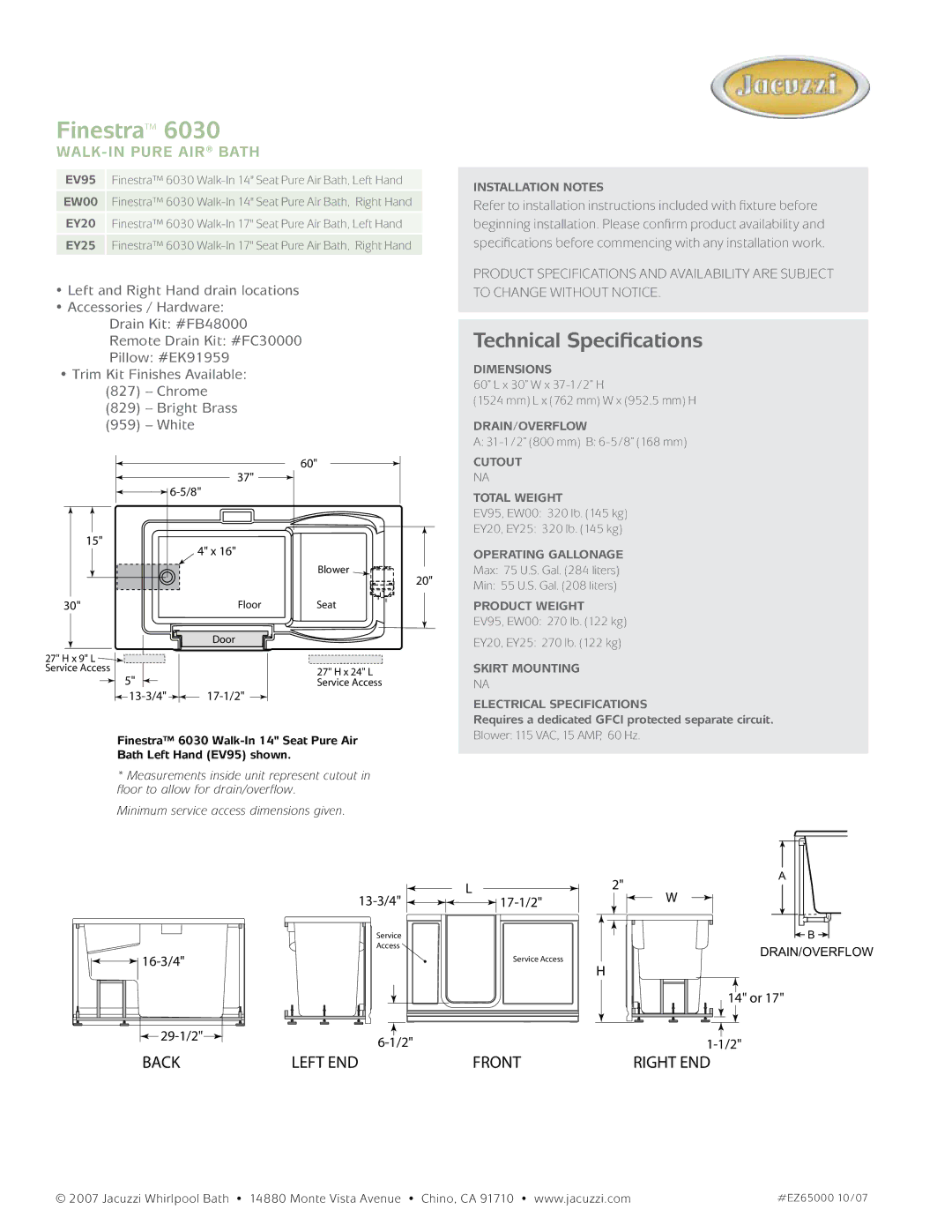 Jacuzzi EW00, EY25, EY20, EV95 dimensions Finestra, Technical Specifications, Walk-In pure air Bath 