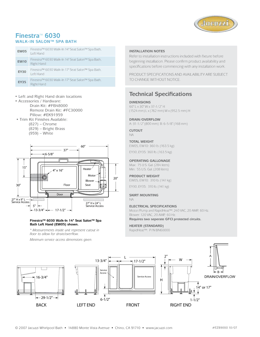 Jacuzzi EW10, EY30, EY35, EW05 dimensions Finestra, Technical Specifications, Walk-In Salon spa Bath 