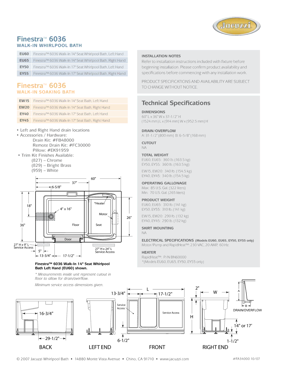 Jacuzzi EY40 Installation Notes, Dimensions, Drain/Overflow, Cutout, Total Weight, Operating Gallonage, Product Weight 